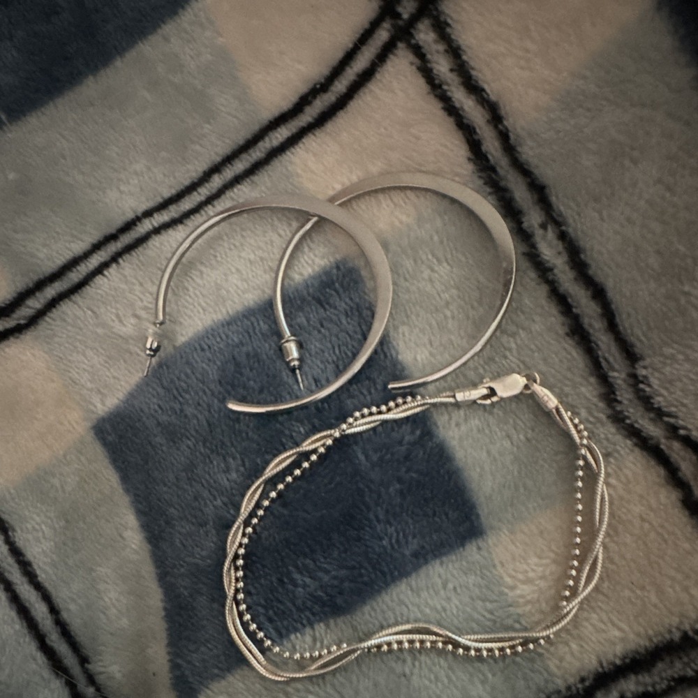 Silver Tone Bangle earring & Multi-Strand Ball/Bead Chain Bracelet, Lobster